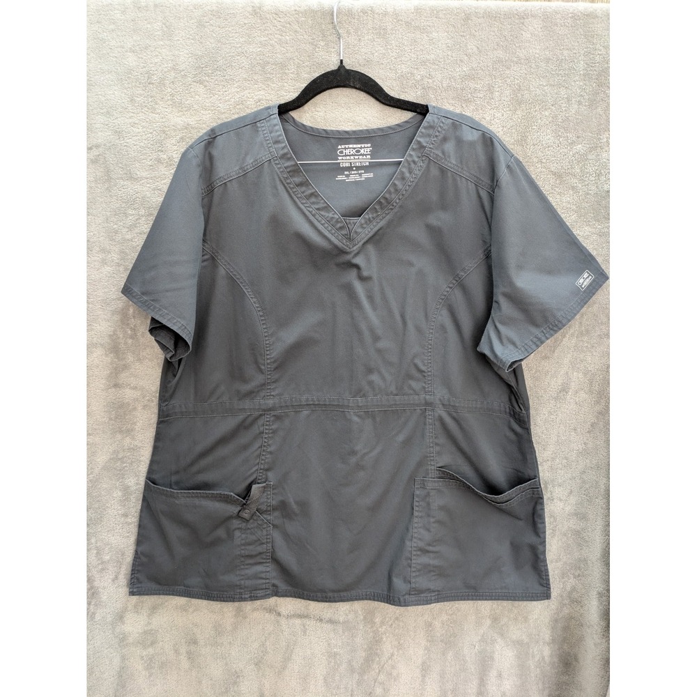 Cherokee Scrub Top‎ Womens 2XL Gray V-Neck Short Sleeve Pocket Workwear
